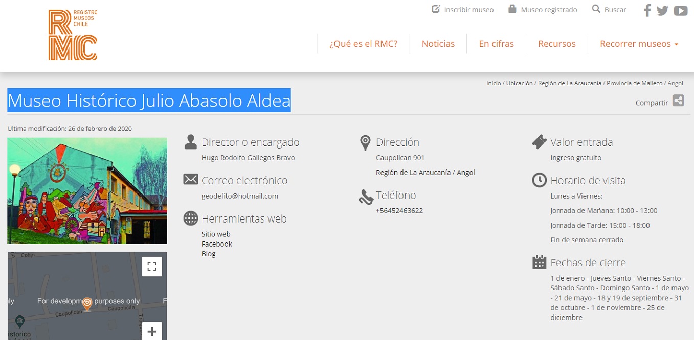 Registro del RMC de museo de Angol