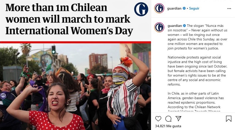 Publicación del diario británico The Guardian sobre el 8M en Chile
