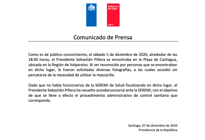 Presidente Piñera se autodenunció por pasear sin mascarilla en la playa