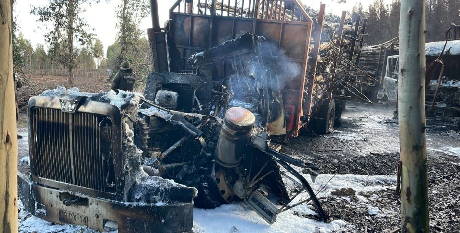 Macrozona sur: grupo armado ataca predio en Collipullii y quema cinco camiones forestales