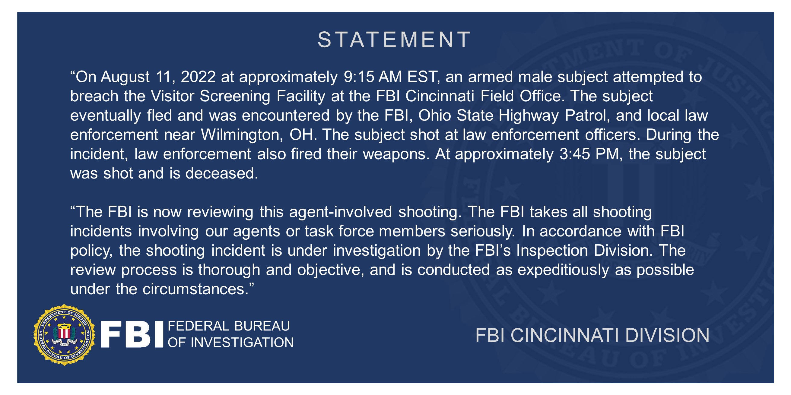 Declaración del FBI de Cincinnati tras intento de ataque de hombre armado